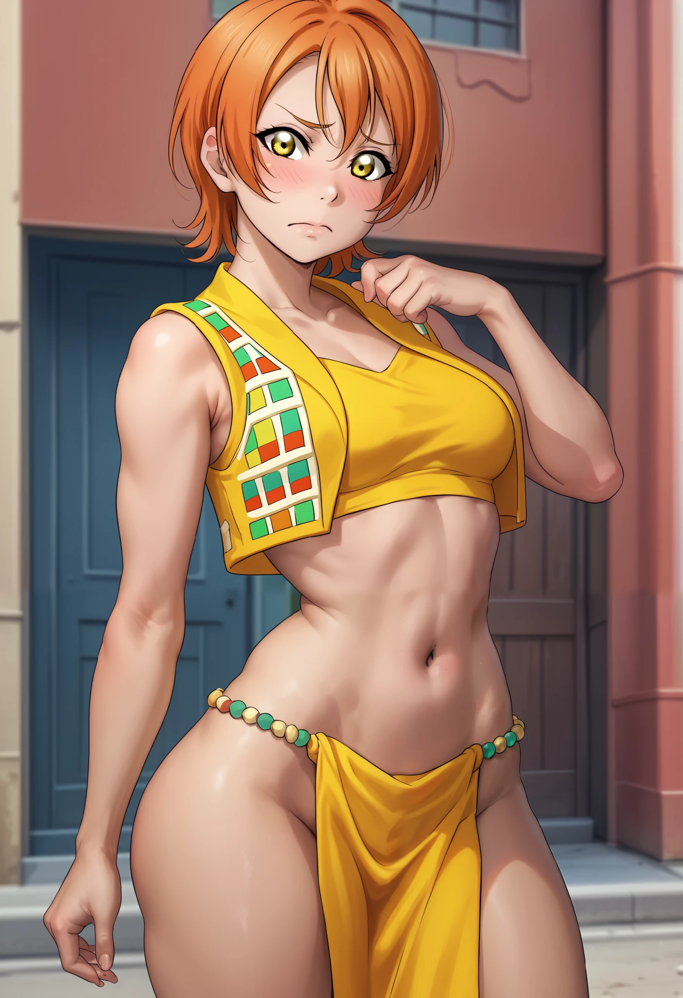 masterpiece, best quality, realistic anime style,love live art style, rin hoshizora, (yellow eyes:1.3), orange hair, medium hair, cropped_vest, tube top, midriff, micro pelvic curtain, narrow waist, African clothes,shy pose , poor African street , blushing ,RUKIA Style