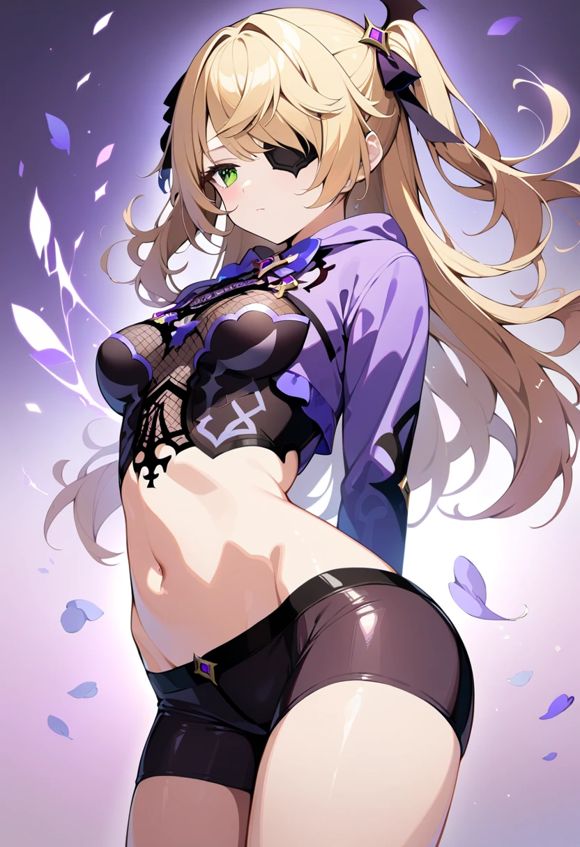 (1girl, solo, purple gradient background, petals, cowboy shot), (masterpiece), best quality, expressive eyes, perfect face, very detailed body,

1girl, fischl_\(genshin_impact\), solo, eyepatch, green eyes, blonde hair, breasts, bangs, hair ribbon, red headband, 

(cropped hoodie sweatshirt:1.3), (bike shorts, navel),

(standing, expressionless, arched back, closed mouth, half-closed eyes), (looking away:1.3),