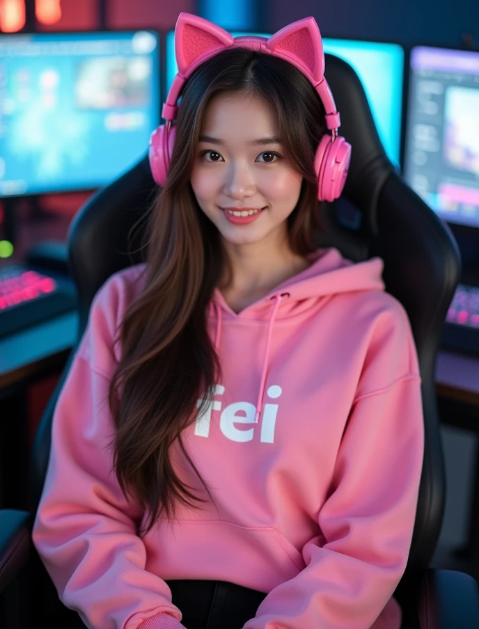 A girl sitting on the chair with phone and playing game with purple colour wall and BTS logo
