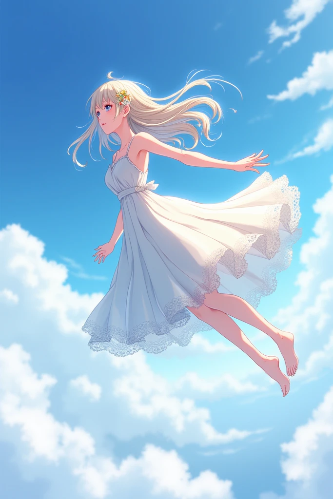 <lyco:vofan-10:0.7>, masterpiece, best quality, 1girl, :d, bird, blonde hair, blue eyes, cloud, dove, dress, flock, from side, full body, open mouth, outstretched arms, sky, sleeveless, smile, white dress