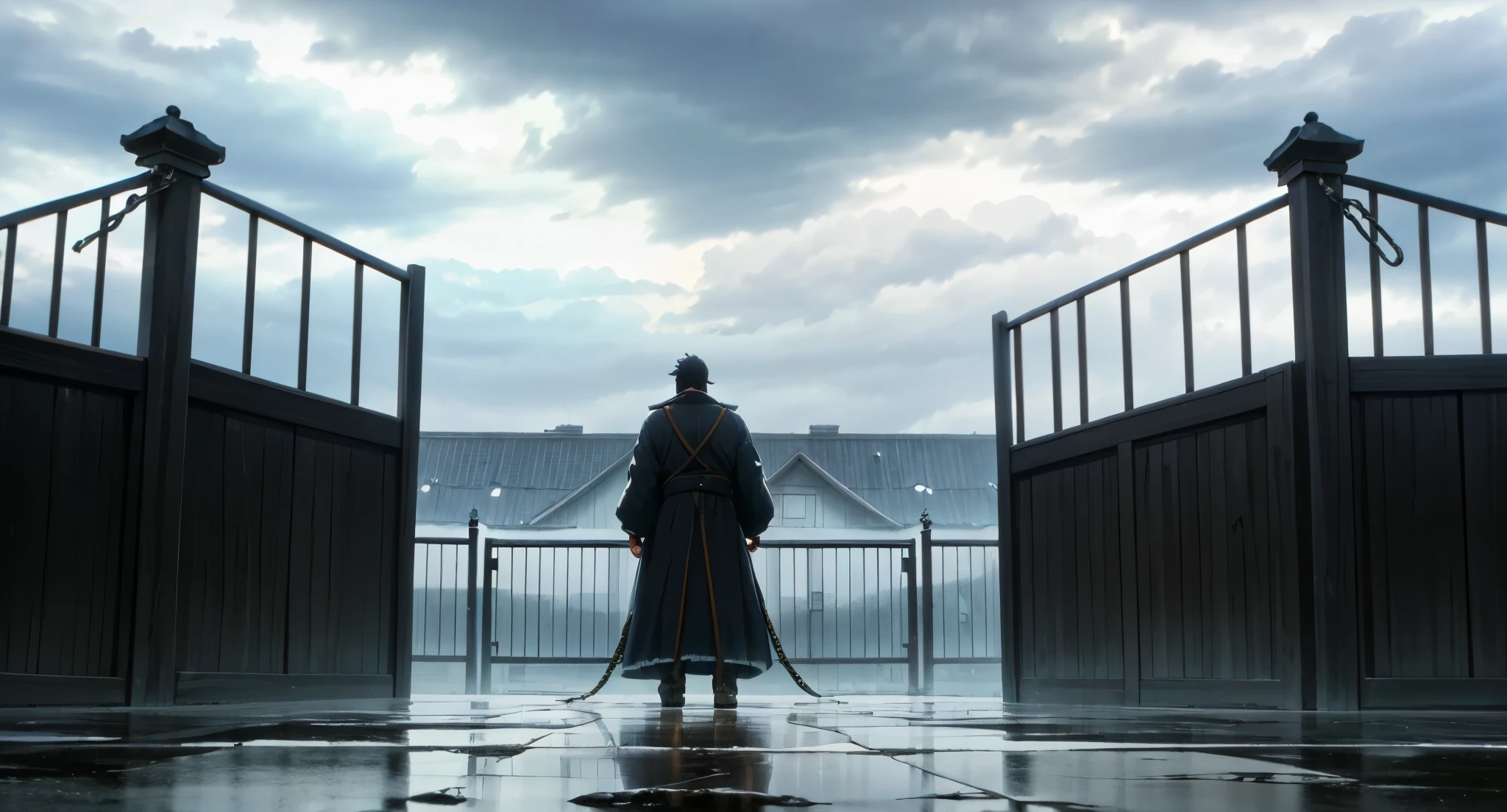 On the inside, the Gates appear to be prevented from opening fully by two thick ropes with charms attached to them. The face and left arm of a large demonic creature can be seen behind the Gates.

(View from the Inside)

Rainy Sky. (Raindrops falling)

(Daytime) ((White Sky)) (White) 

High Quality,
UHD Quality,
2k,
4K Resolution,
8K Resolution,