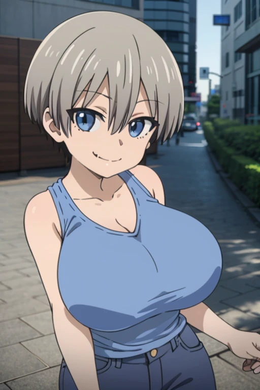 best quality, high resolution, city, tokyo,1girl, huge breasts, 1girl,short hair,blue eyes,bangs,skin fang,grey hair,fang,hair between eyes, smile, looking at viewer, cowboy shot, tanktop, denim shirts