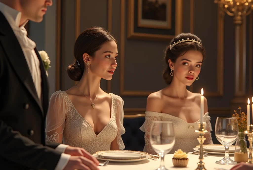 photo capturing an opulent dining scene. Three glamorous women in ornate, richly colored dresses and glimmering jewelry are striking dramatic poses, their expressions full of elegance and charm. They stand near a beautifully detailed archway which exhibits intricate Greek patterns etched into its surface. Luxurious maroon curtains embroidered with exquisite floral designs frame the archway, amplifying the grandeur of the scene. A lavish table setting is presented in the foreground featuring crystal glasses that reflect warm indoor lighting, fine china plates, and polished silverware meticulously arranged on an elaborately decorated tablecloth. The atmosphere is affluent and sumptuously inviting under the glow of soft, warm light that illuminates each detail with tender precision.