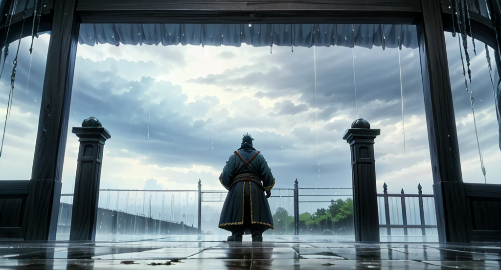 On the inside, the Gates appear to be prevented from opening fully by two thick ropes with charms attached to them. The face and left arm of a large demonic creature can be seen behind the Gates.

(View from the Inside)

Rainy Sky. (Raindrops falling)

(Daytime) ((White Sky)) (White) 

High Quality,
UHD Quality,
2k,
4K Resolution,
8K Resolution,