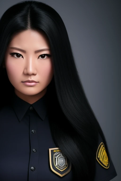 jet black hair,most very long hair,most very lion hair,most very wolf hair,most very frizzy hair,coarse hair,most very spread hairstyle,thick hair,fluffy hair,most very heavy weight hair,hair covering left eye,heavy looking hairstyle,most very voluminous hair,shiny jet black hair,female jail officer,black uniform,a heavy-looking uniform,black pants,1 Japanese woman,tall woman,woman's height 2.4m,most very strong face,most very angry face,black eyes,very close-up to face,most very muscle body,most very beautiful face,show more hair,high resolution,white background