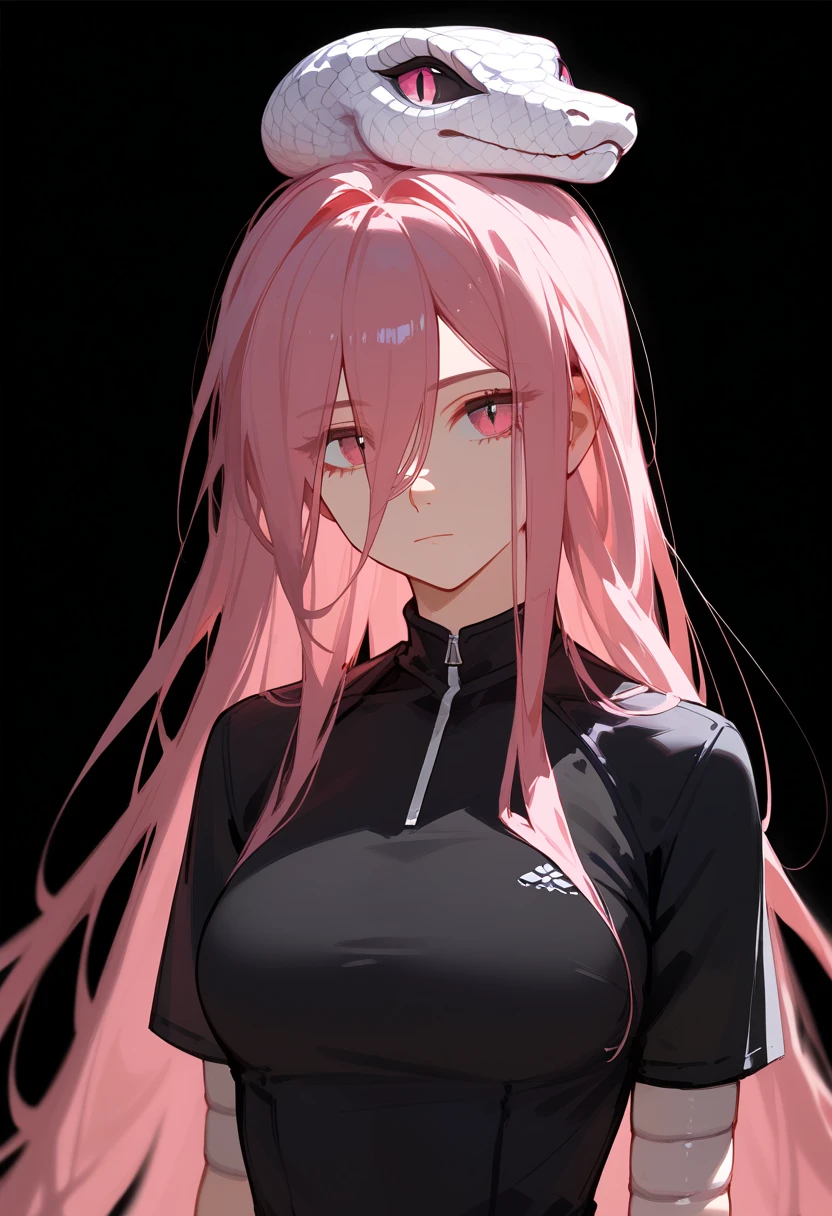 ( 9, grade 8, grade 7), 1 girl, Upper body, tight-fitting outfit, short sleeves, absurdly long hair, black and pink hair, long bangs, hair between the eyes, eyes visible through the hair, pink eyes, snake joints, looks at the viewer, neutral, expressionless, large chest, standing, arms to the sides, tilt of the head, black background, simple background, black smiling mask on the head