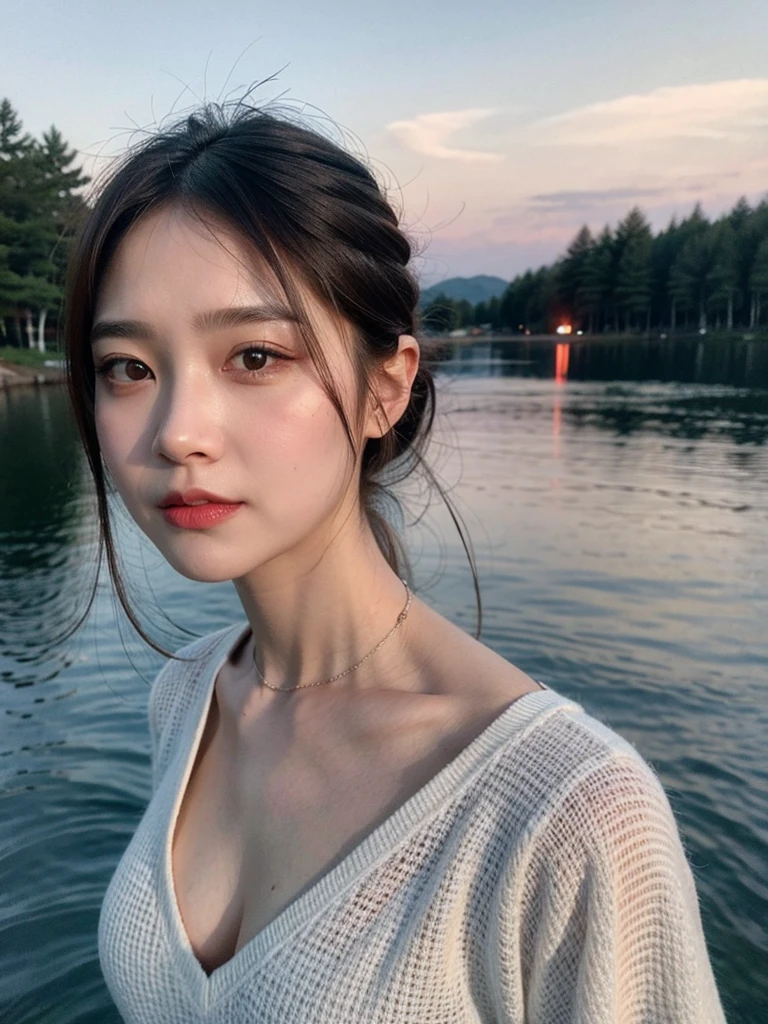 A beautiful young Asian woman with a hummingbird kissing her cheek, (selfie, joyful), masterpiece, best quality, ultra-detailed, ground, outdoors, (nighttime), mountains, nature, (stars, moon), happiness, joyful, forest, rocks, river, wooden, smoking, shadows, contrast, clear sky, style, (warm tones, warm color tones:1.2), close-up, cinematic lighting, sidelight, ultra-high resolution, best shadows, raw, upper body, realistic style.