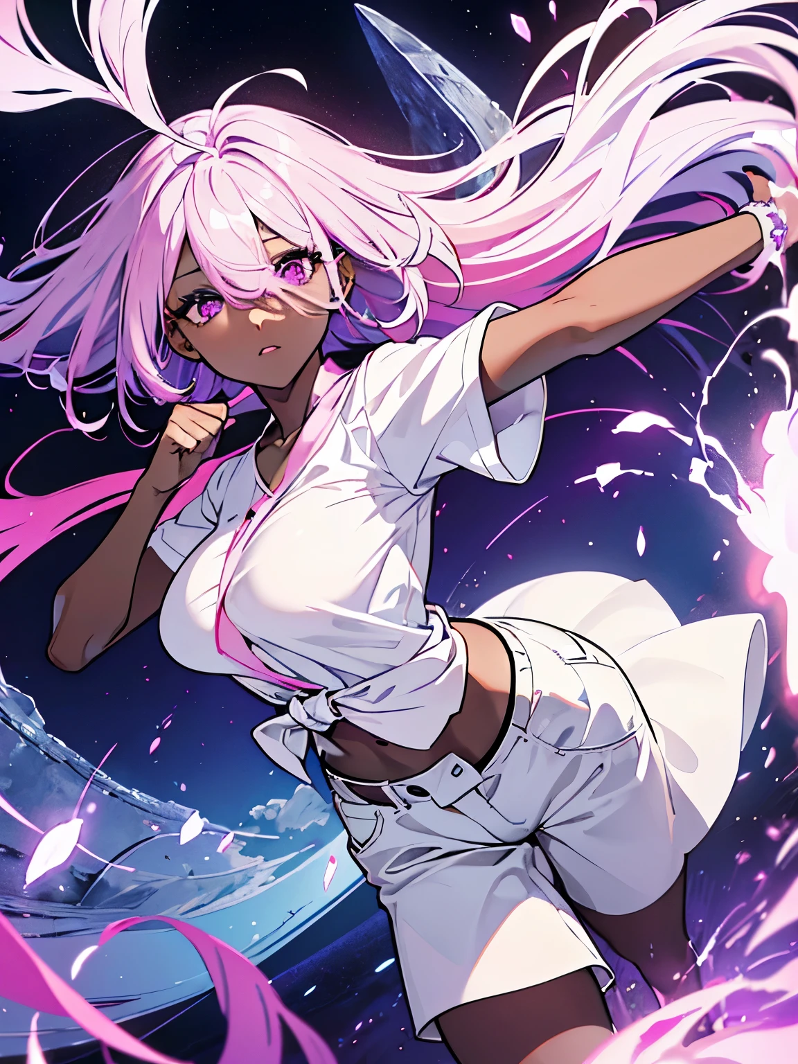 1 woman, adult, (( dark-skinned woman ,  hair over the eye )), white hair, pink hair, colored hair,  tied hair ,  messy hair , Purple eye, (cups), (white shirt, short pants), (under the breast ),  I play like a circle,  dynamic pose , masterpiece, From the corner ,