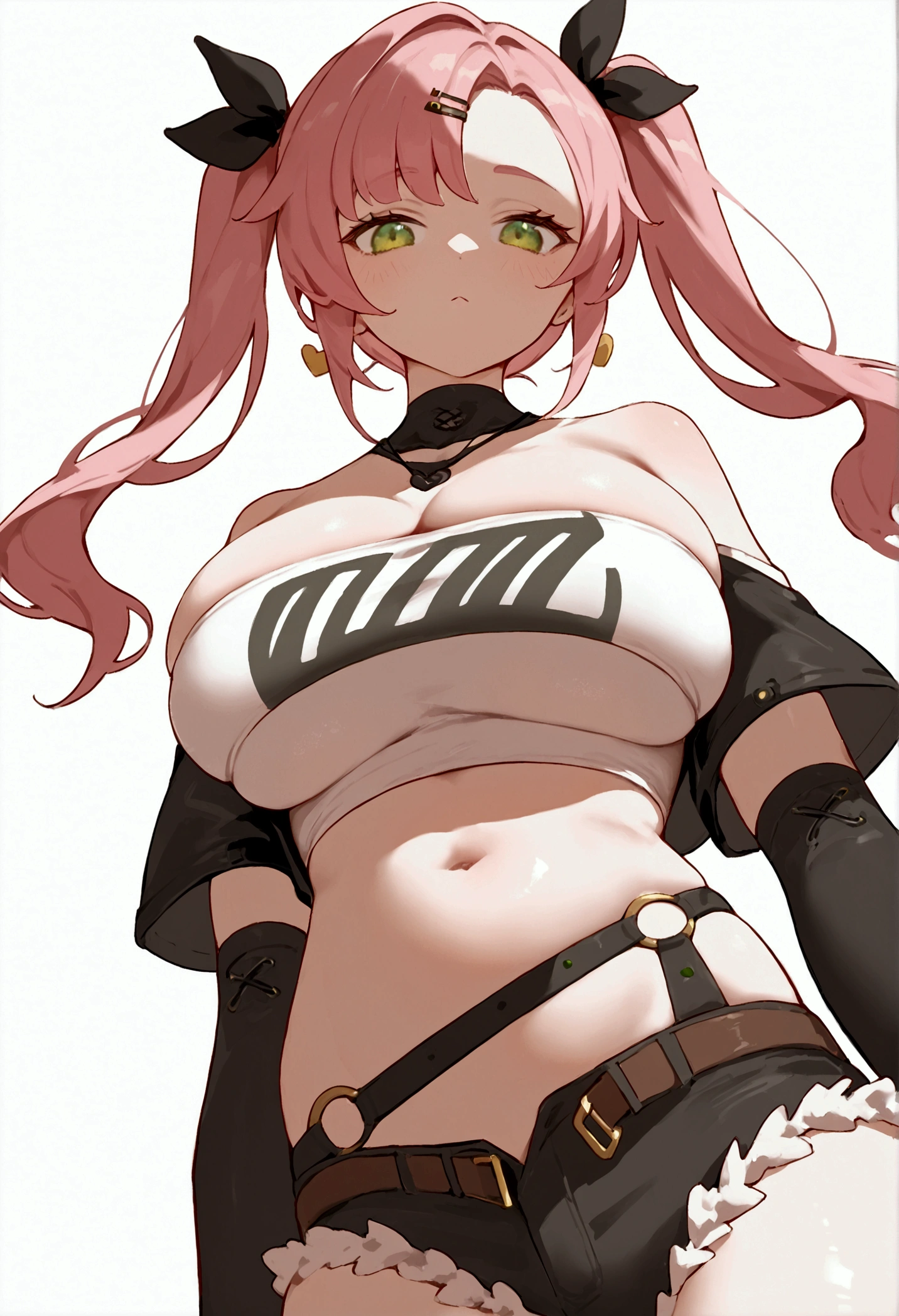 score_9, score_8_up, score_7_up, source_anime, looking at viewer, looking down, cowboy shot, Ncle, nicole demara(zzz), 1girl, solo, pink hair, hair ribbon, twintails, two side up, tube top, bare shoulders, large breast , huge  , micro shorts, green eyes, looking at viewer, hair clip ,thick thigh , very thick , curvy, Big breasts