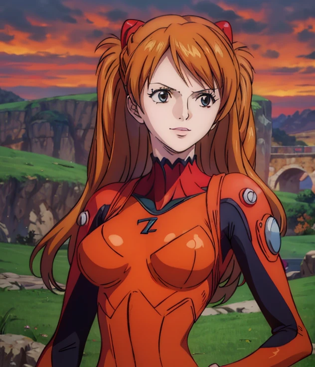 (masterpiece, best quality, 4K, 8k,   high definition  , masterpiece:1.2),  super detailed, (Realistic, photoRealistic, photo-Realistic:1.37),   Pale Orange Hair  ,  dress, pale orange hair hidden in thick grass , twin tails,Braiding,( beautiful brown eyes ), beautiful lips,Beautiful lipstick,smile, looking at the camera,  Big Breasts ,(Red suit),Night Sky, Rock Field,( Fantasy worldview ),Perfect body,Perfect means,Perfect body