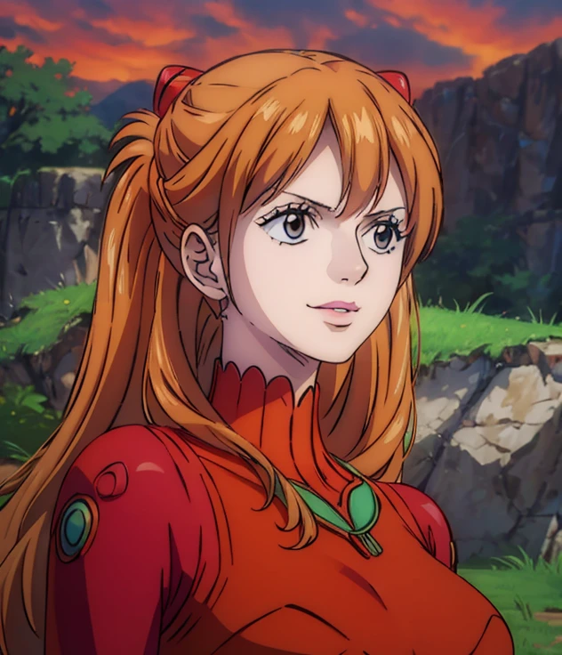 (masterpiece, best quality, 4K, 8k,   high definition  , masterpiece:1.2),  super detailed, (Realistic, photoRealistic, photo-Realistic:1.37),   Pale Orange Hair  ,  dress, pale orange hair hidden in thick grass , twin tails,Braiding,( beautiful brown eyes ), beautiful lips,Beautiful lipstick,smile, looking at the camera,  Big Breasts ,(Red suit),Night Sky, Rock Field,( Fantasy worldview ),Perfect body,Perfect means,Perfect body