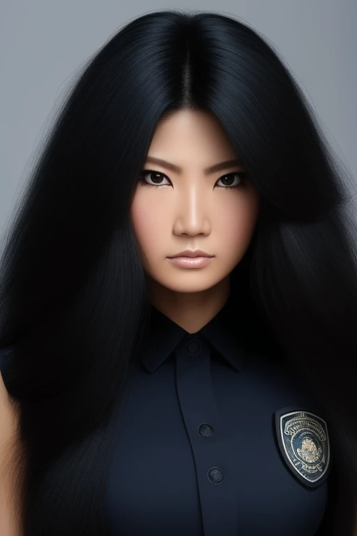 jet black hair,most very long hair,most very lion hair,most very wolf hair,most very frizzy hair,coarse hair,most very spread hairstyle,thick hair,fluffy hair,most very heavy weight hair,hair covering left eye,heavy looking hairstyle,most very voluminous hair,shiny jet black hair,female jail officer,black uniform,a heavy-looking uniform,black pants,1 Japanese woman,tall woman,woman's height 2.4m,most very strong face,most very angry face,black eyes,very close-up to face,most very muscle body,most very beautiful face,show more hair,high resolution,white background