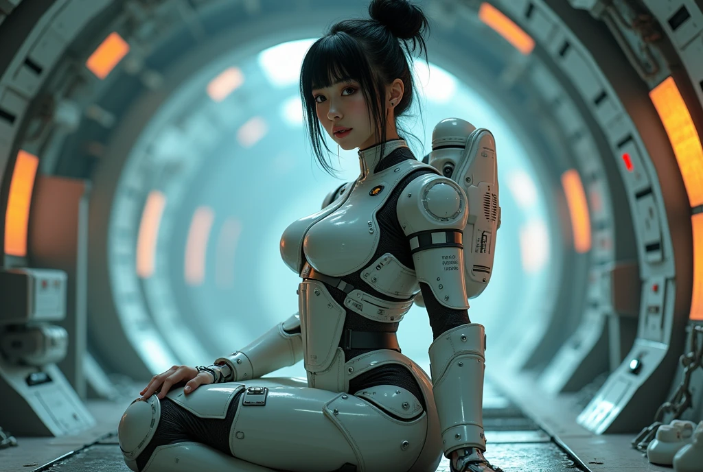 Digital Cyberpunk Art、8k、Very detailed、Black short-cut hair、Medium chest、Wearing a white and red battle suit、Inside a weightless spaceship、Hold your knees、Floating、Carry a weapon pack、Japanese women