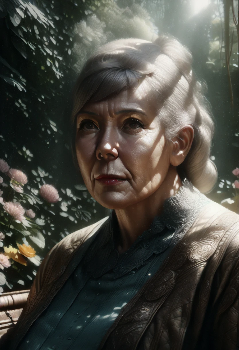 a beautiful elderly woman in a garden, detailed face, long grey hair, elegant dress, sitting on a bench, surrounded by flowers, sunlight filtering through the trees, serene, calming atmosphere, (best quality,4k,8k,highres,masterpiece:1.2),ultra-detailed,(realistic,photorealistic,photo-realistic:1.37),intricate details,warm lighting,vibrant colors,digital painting,cinematic