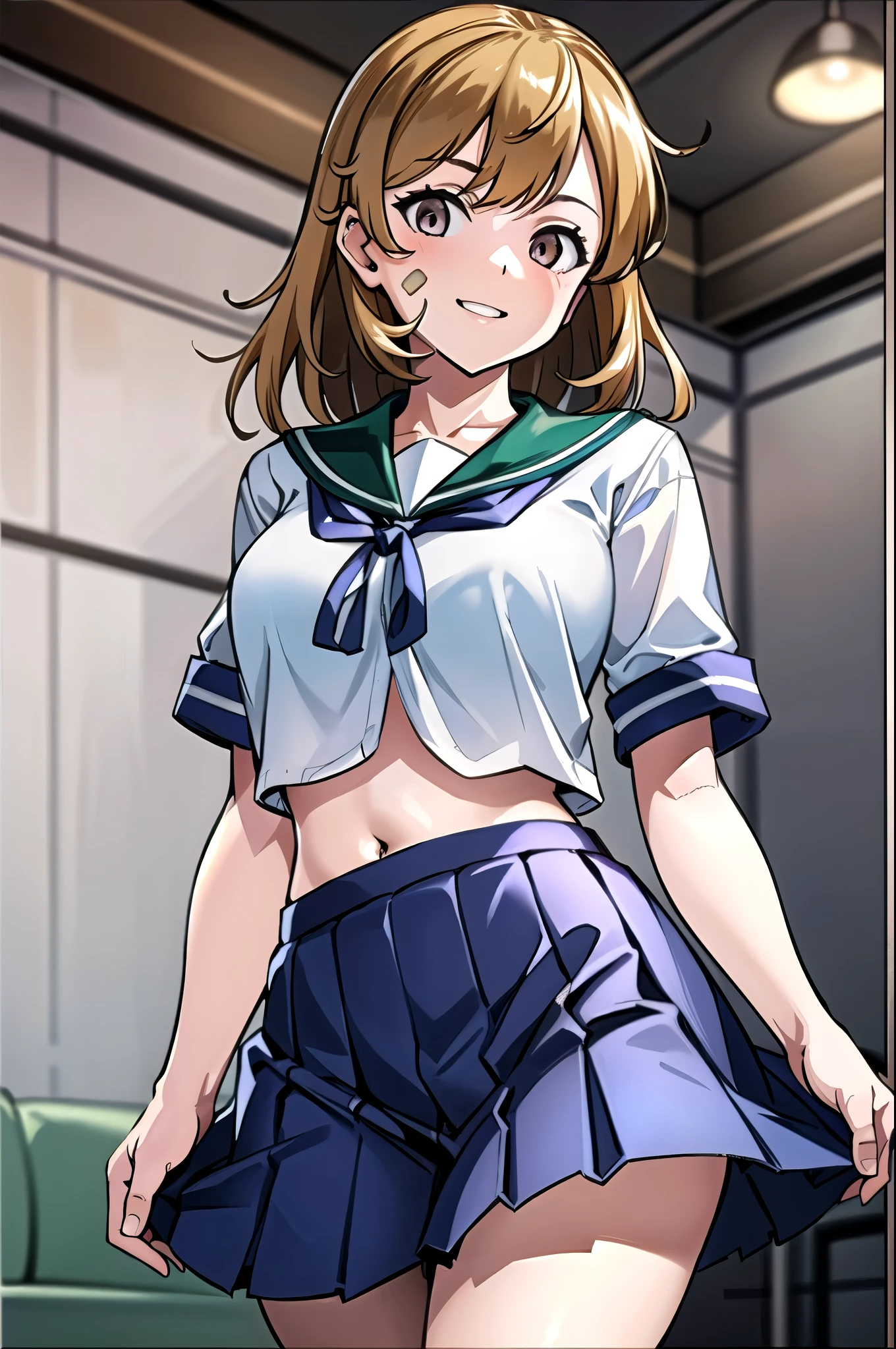 oboro \( Kantai Collection \),  one girl who is at ease, Alone,  skirt, , Seraphim, blue  skirt, pleated  skirt, White background,  sailor collar ,  simple background, belly button,  Show viewers, blue  sailor collar ,  cowboy shooting alone, smile, abdomen, Short sleeve,  shirt, abdomen peek, white  shirt, original,  intricate details, shape, masterpiece,  Highly Detailed CG Unity 8k Wallpaper, Highlights, polish, dynamic,   ((indoor,  office,  living room )), ((  cowboy shooting alone )), ( panties), (Bra), (  innerwear ), ( fancy underwear), ( lingerie),  skirtめくり