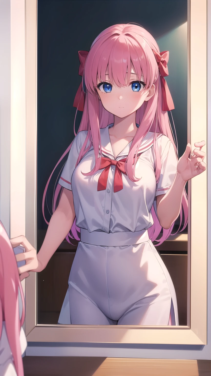Girl with pink hair, long double-tailed hairstyle ((small pink bushy eyebrows)), dressed in ta dress, sunset lightingwith a flirtatious smile, 
side view doggystyle sex, 1 boy 1 girl Doggystyle from side