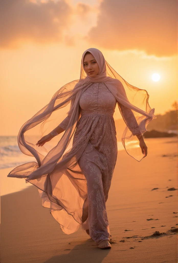  a beautiful indonesian woman, wearing hijab and chiffon muslim dress that flying on the air, walking on the beach sand, under the sunset. Look at the viewer.