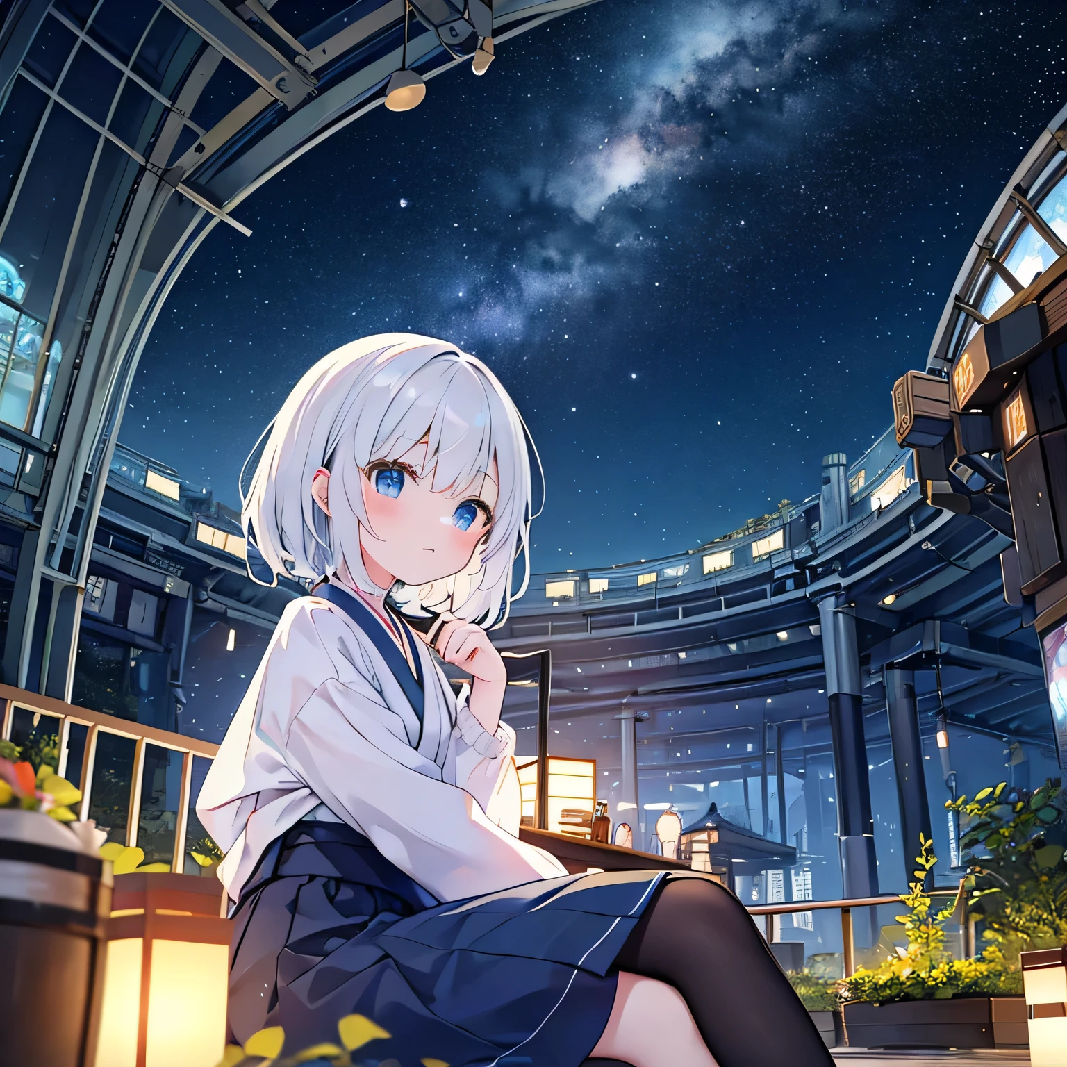  best quality , masterpiece,  extremely detailed,  Detailed Background ,  Japanese Anime, 1 Girl, Young Girls,  short girl,  Science Fiction ,  Science Fiction , Outdoors, night,  starry sky , greenhouse, Megastructures, Bio Dome, wind景, wind景, horizon, roof, sitting on roof, wind, Look elsewhere, Atmospheric lighting , Single focus, close up, From the side,  Depth of Field, Bokeh