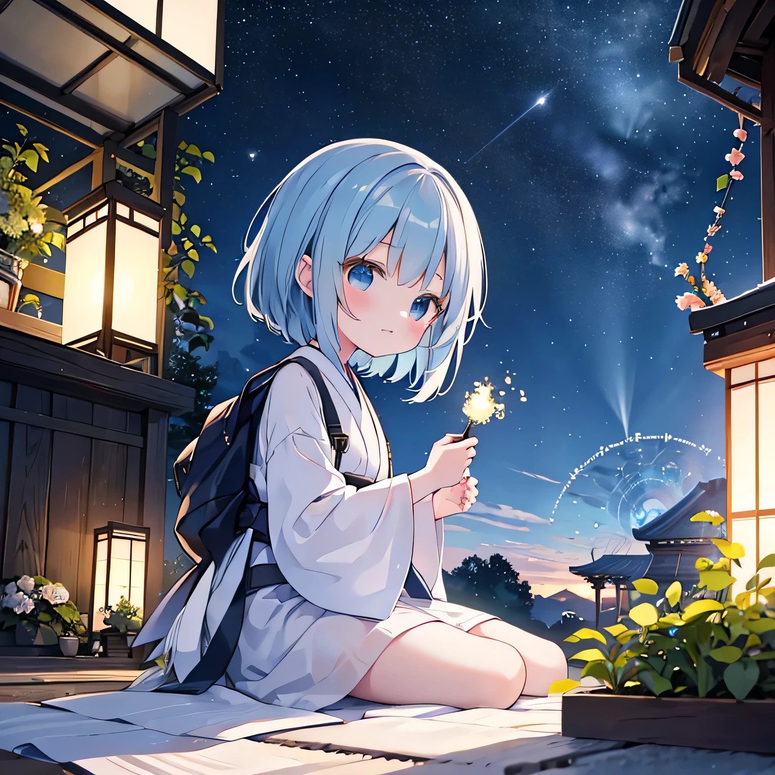  best quality , masterpiece,  extremely detailed,  Detailed Background ,  Japanese Anime, 1 Girl, Young Girls,  short girl,  Science Fiction ,  Science Fiction , Outdoors, night,  starry sky , greenhouse, Megastructures, Bio Dome, wind景, wind景, horizon, roof, sitting on roof, wind, Look elsewhere, Atmospheric lighting , Single focus, close up, From the side,  Depth of Field, Bokeh