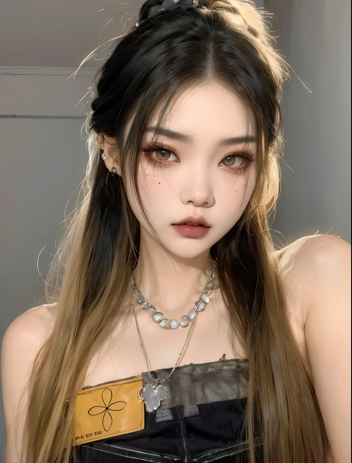 a close up of a woman with long hair wearing a necklace, cruel korean goth girl, ulzzang, with long hair and piercing eyes, popular south korean makeup, korean girl, goth girl aesthetic, asian girl, popular korean makeup, scary look, sakimichan, she looks like a mix of grimes, blackpink jennie, sexy face with full makeup