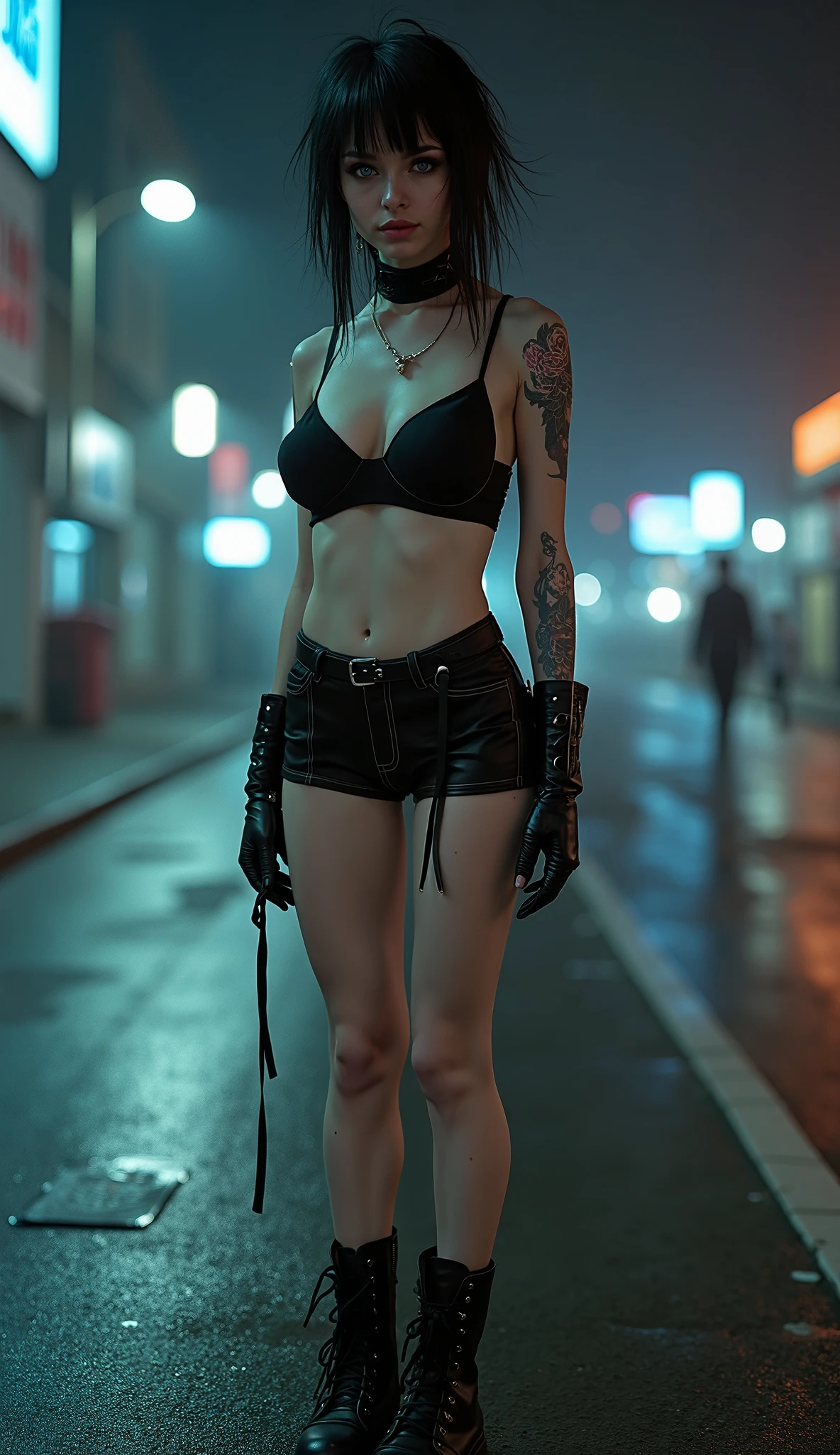 (Best Quality,hight resolution,Masterpiece, half body shot:1.2),Ultra-detailed, woman dressed in black g string thong and leather jacket,sickly,walking towards the camera in a dark cyberpunk alley at night, she's wearing a very sexy high waisted g-string thong and a leather jacket, blurred cyberpunk alley at night in the background, thong lingerie, minimalistic g-string thong, perfect body, sensual pose, noir aesthetic, open legs, full body shot, horror vibes, centered subject,gloomy ecstasy,fetish,dark gloomy atmosphere, creepy atmosphere, gritty texture,Retro-atmosphere,warped reality,melancholic expression on his face,mysterious aura,foggy atmosphere,foggy background,Subtle color palette,provocative pose,Strong emotions,Coming Out of the Depths of Despair,Piercing gaze,intense shadows,Plunged in Darkness,dark industrial aesthetic,ominous vibe,A supernatural sensation,Loss of Place in Time and Space,Eerie silence.asymmetrical bangs, freckles, red short hair, Bangs, freckles, gray eyes,