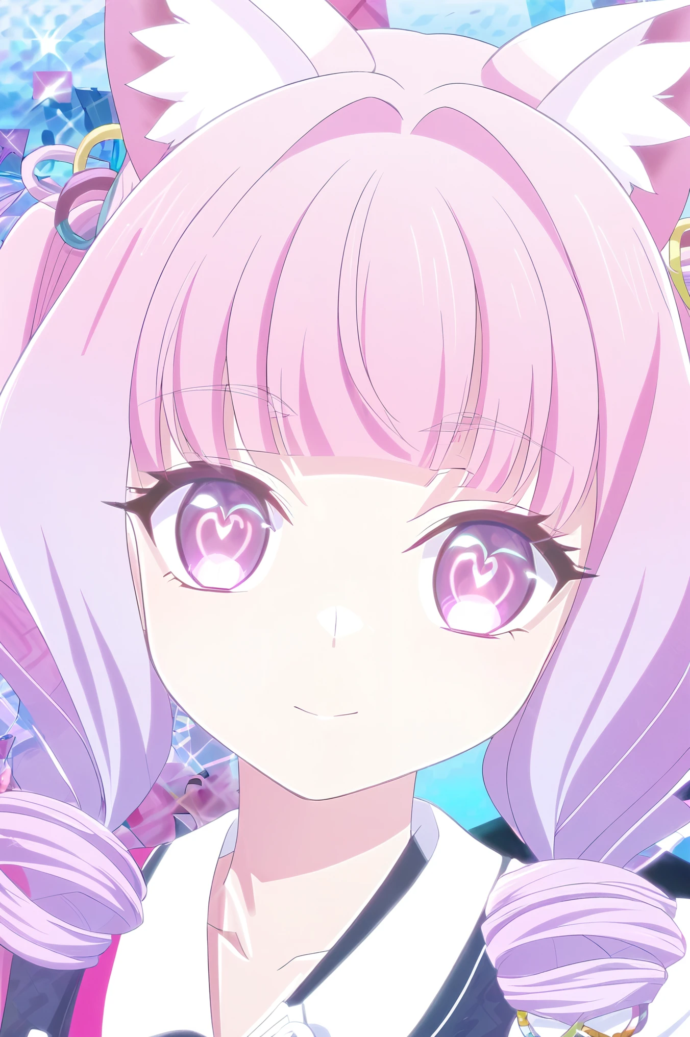  high definition ,  pink hair,  gradation color hairstyle , Fox Ears, Hearts in eyes, Character portrait, Hair ties,  anime style, 