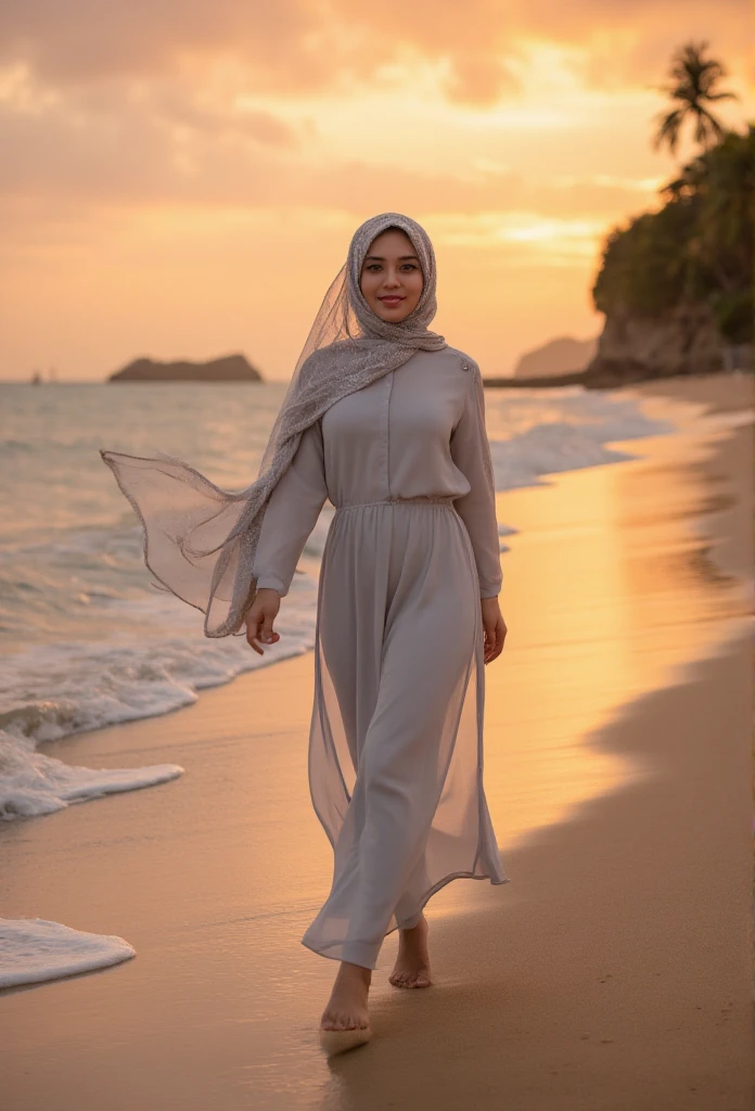  a beautiful indonesian woman, wearing hijab and chiffon muslim dress. walking on the beach sand, under the sunset. Look at the viewer.