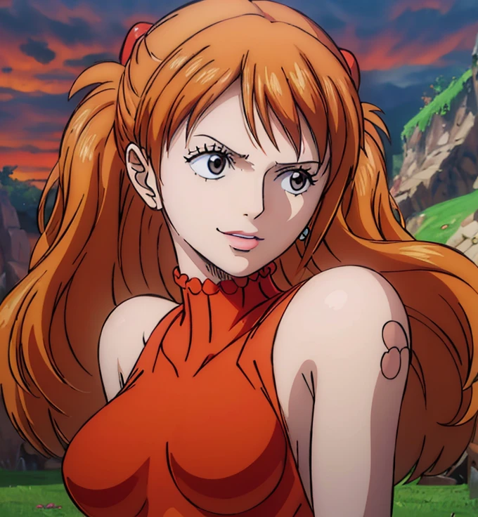 (masterpiece, best quality, 4K, 8k,   high definition  , masterpiece:1.2),  super detailed, (Realistic, photoRealistic, photo-Realistic:1.37),   Pale Orange Hair  ,  dress, pale orange hair hidden in thick grass , twin tails,( beautiful brown eyes ), beautiful lips,Beautiful lipstick,smile, looking at the camera,  Big Breasts ,(Red suit),whole body,Night Sky, Rock Field,( Fantasy worldview ),Perfect body,Perfect means,Perfect body