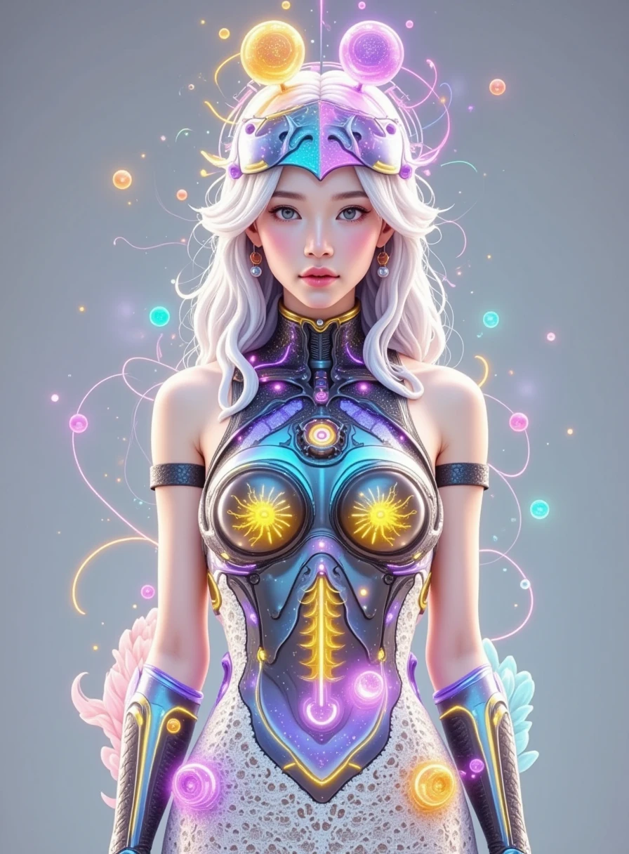  Real photography ，Hyperrealism， Beautiful girl with a man-machine integration ，Long white hair coiled， Below the head is the body of the machine ， The internal elements are visible under the transparent case of the body，Microreflective ， wearing a thin white lace dress ，Dynamic， cyberpunk，Science Fiction，Microphotography，C4D， Over-range perspective ，Light purple background ， grey background，Luminescence， Extreme Details ，Masterpiece，8k