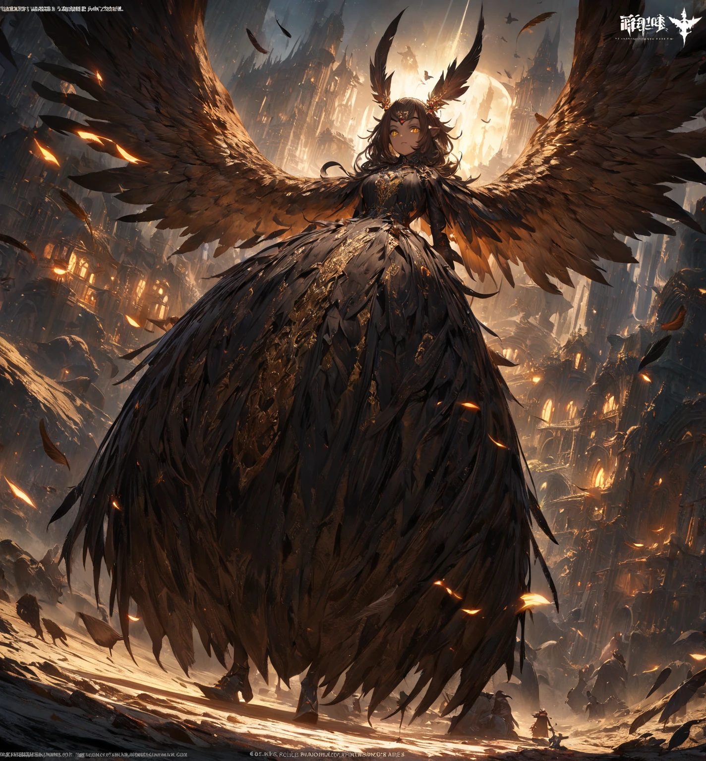  Facing Camera ，Standing on the ground， Perfect Full Body Character Watch，Birdie character，A demon ，woman，Slim ，Medium build， Smooth brown skin , Light tattoo on skin ， dark ， wears a black down dress ，Face owl face ， with delicate long yellow eyes， The ears are covered with upward owl wings， Hair Ornament Feather Hair Trim， Giant owl wings ，Wearing a black gothic black down duvet dress covered in brown feathers ，[ Vibrant appearance , Creative Behavior , Imaginative, Sensibility, spontaneous, skin texture， [[ Ultra wide angle lens ，Remote Panorama ，masterpiece,  Alina ,  Highly Detailed , Super Fine， Height Detail ，Light Tracking ， movie light effect ,  illustration,  8K Resolution Concept Art ， Dark fantasy art ， Dark Fantasy Character Design ， Concept Art Wallpaper ， Epic Dramatic Atmosphere ,  Height Detail, fantasy realism,   Professional Digital Art ,