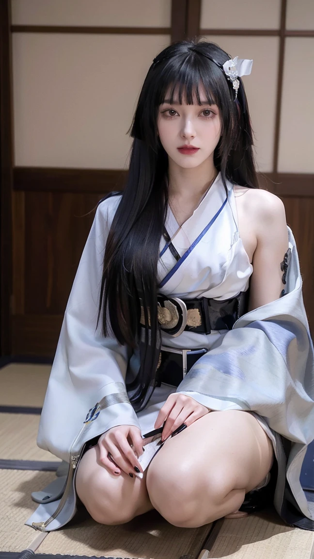 (masterpiece), best quality, HD, 4K, perfect face, black hair, hanfu, hairband, black long messy hair, arrogant assassin, geisha prostitution, muscular, knee, ABS collarbone, geisha, japan shoes, ocha tea, tatami background, Japan robe, servant, smiles, happy, scar on skin, humanity, tea cup on floor, sick, lips piercings, goth, eyelashes, legs, 