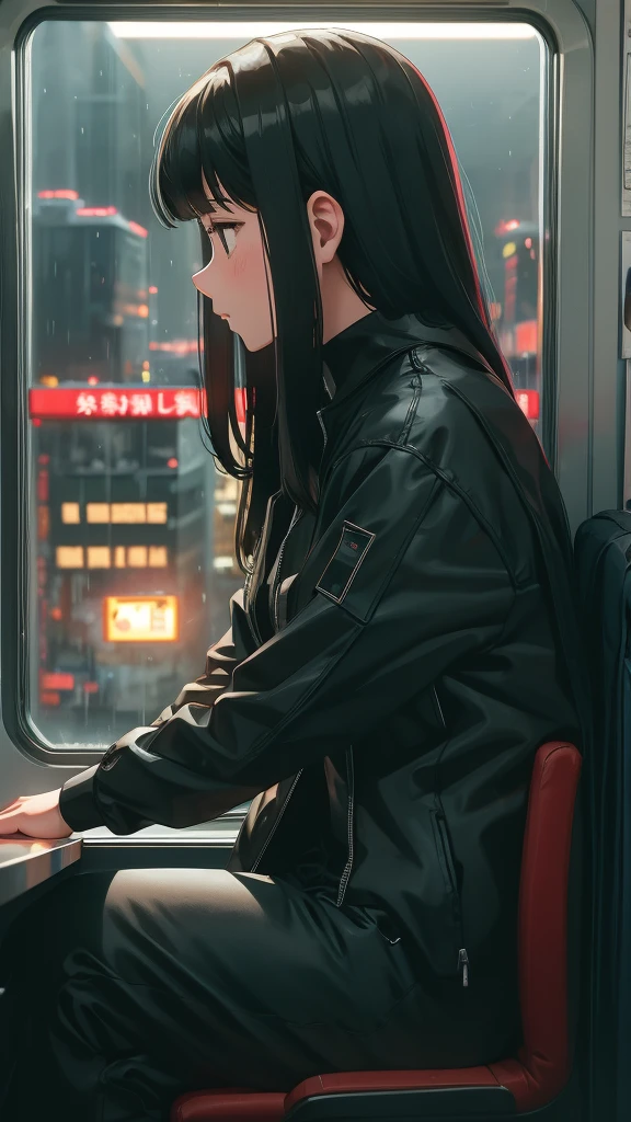 8k, A 22-year-old working woman, a new graduate、On the train、 sitting cross-legged、profile、I'm wearing a black work suit、The city of Shibuya at night is reflected in the train window 、 on the train window {x} I'm putting my elbow on the window、 looking out in despair 、 in the window、