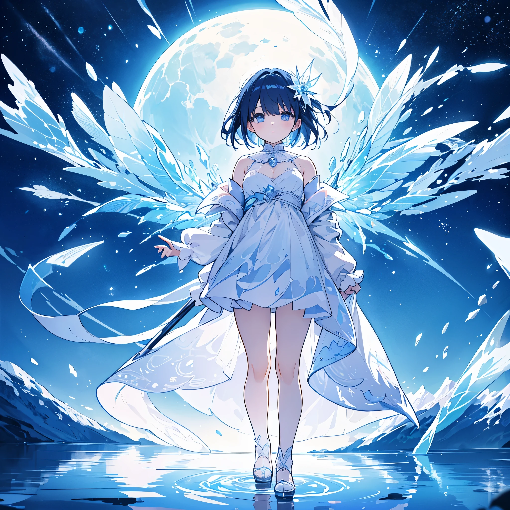 8K,(masterpiece),high resolution,best quality,(ultra-detailed),ultra detailed eyes,High quality, careful drawing, anime illustrations,High quality, ultra high definition drawing, anime illustration, woman standing on a beautiful lake, water mirror, using ice magic, surrounding icicles, night sky
