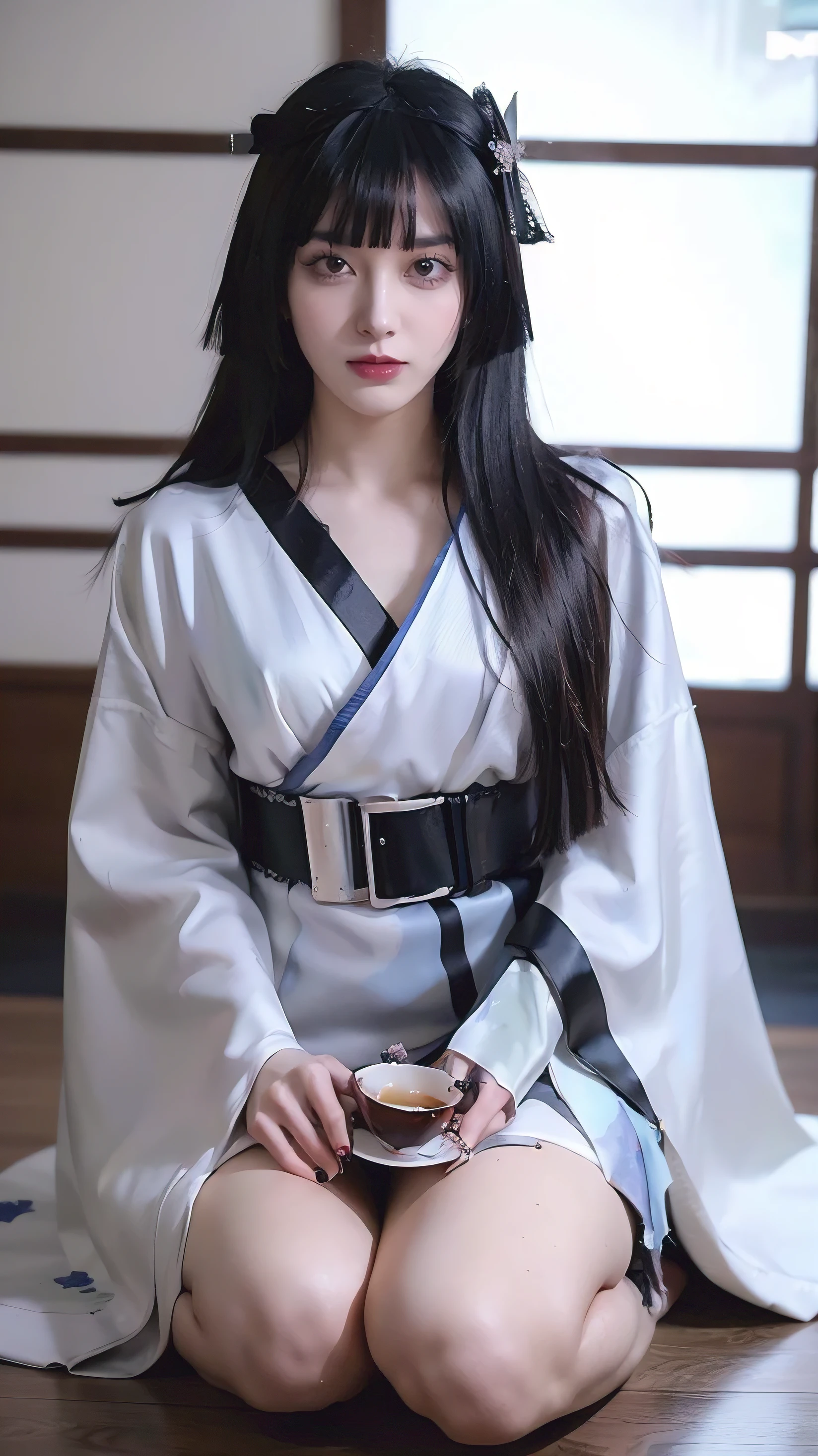 (masterpiece), best quality, HD, 4K, perfect face, black hair, hanfu, hairband, black long messy hair, arrogant assassin, geisha prostitution, muscular, knee, ABS collarbone, geisha, japan shoes, ocha tea, tatami background, Japan robe, servant, smiles, happy, scar on skin, humanity, tea cup on floor, sick, lips piercings, goth, eyelashes, legs, 