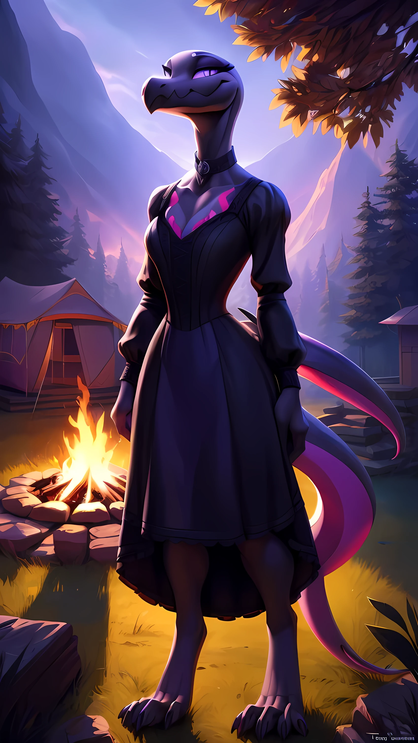 uploaded on e621, ((Salazzle)) by Pixelsketcher, by Bayard Wu, by Thomas Benjamin Kennington , by Einshelm, anthro, ((full body focus)), BREAK, ((dress:1.2)),wearing black victorian dress, long flowing dress, long sleeve victorian dress, dress flowing down past knees, black choker, (detailed Bonifasko lighting), (detailed scales), (detailed skin), (female Salazzle), BREAK, ((facing viewer)), (cinematic lighting), ((detailed background)), ((full body portrait view)), (((portrait view))), (half body shadow), [backlighting], [crepuscular ray], [detailed ambient light], [gray natural lighting], [ambient light on the belly], (higher wildlife feral detail), [sharp focus], (shaded), ((masterpiece), natural breasts, medium breasts, furry Salazzle, reptilian face, furry Fantasy Art, furry Art, Commission for High Res, anthro Art, POV furry Art,Sakimichan beautiful, masterpiece, best quality, detailed image, bright colors, detailed face, perfect lighting, perfect shadows, perfect eyes, girl focus, purple eyes, flawless face, reptilian girl, scales, scaled woman, colorful scales, gaze at the viewer, half-closed eyes, 1girl, full body, (masterpiece:1.21), (best quality:1.2), (illustration:1.2), (cinematic lighting:1.3), detailed scales, balanced coloring, global illumination, ray tracing, good lighting, scales, anthro, looking at viewer, short neck, (full body shot of woman in camp, standing next to a campfire, tents in background), submissive, outside, camp, campfire, (woman standing outside, woman standing in camp, woman next to campfire), clawed hands and feet, (intricate details:1.12), (intricate details, hyperdetailed:1.15), hdr, outside, (daytime:1.2), warm light, dramatic light, cinematic, (full body:1.2), slight smile, blushing, ((black victorian dress, standing up, posing seductively, slight smile, full victorian dress, dress covering whole body))