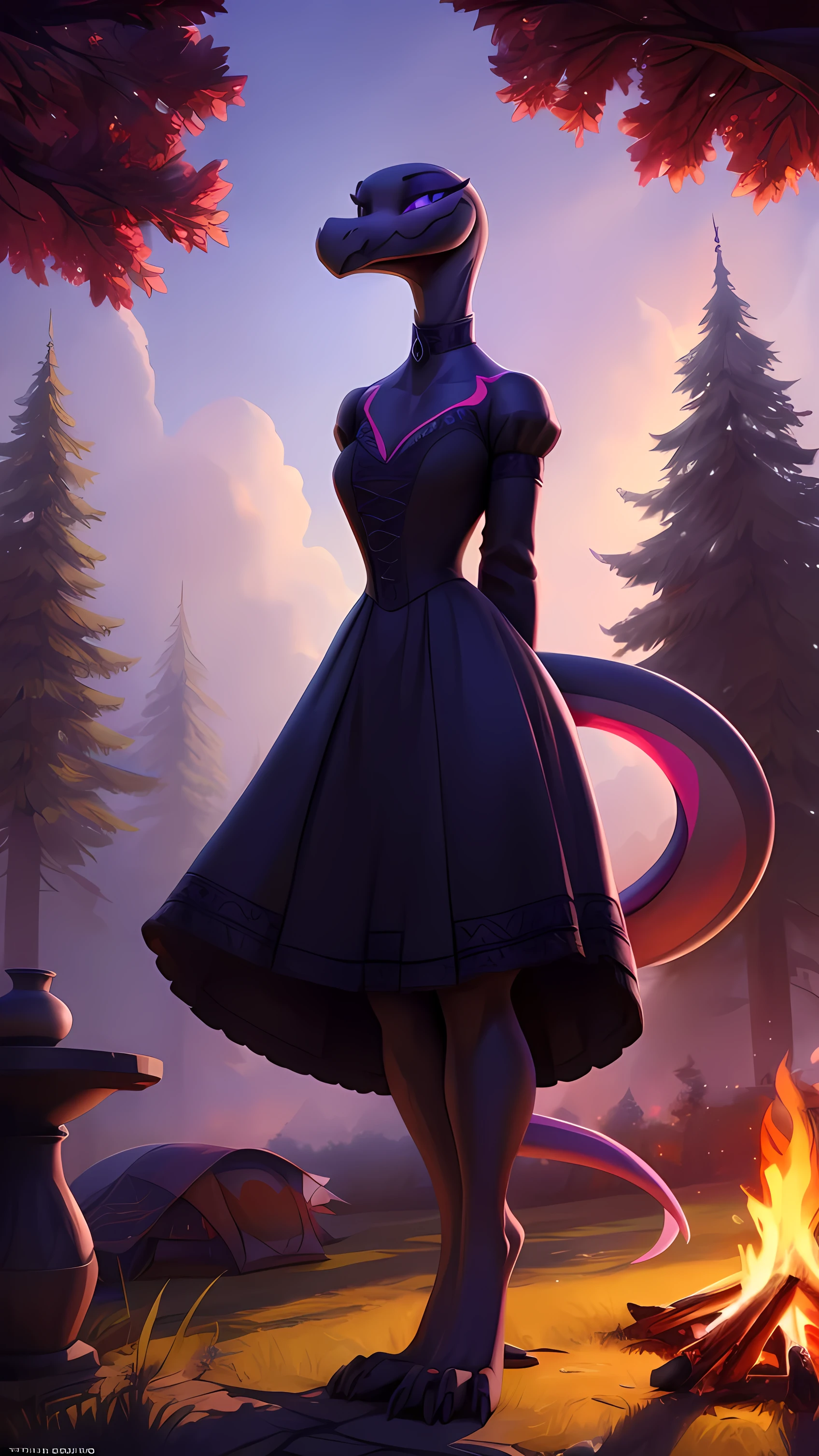 uploaded on e621, ((Salazzle)) by Pixelsketcher, by Bayard Wu, by Thomas Benjamin Kennington , by Einshelm, anthro, ((full body focus)), BREAK, ((dress:1.2)),wearing black victorian dress, long flowing dress, long sleeve victorian dress, dress flowing down past knees, black choker, (detailed Bonifasko lighting), (detailed scales), (detailed skin), (female Salazzle), BREAK, ((facing viewer)), (cinematic lighting), ((detailed background)), ((full body portrait view)), (((portrait view))), (half body shadow), [backlighting], [crepuscular ray], [detailed ambient light], [gray natural lighting], [ambient light on the belly], (higher wildlife feral detail), [sharp focus], (shaded), ((masterpiece), natural breasts, medium breasts, furry Salazzle, reptilian face, furry Fantasy Art, furry Art, Commission for High Res, anthro Art, POV furry Art,Sakimichan beautiful, masterpiece, best quality, detailed image, bright colors, detailed face, perfect lighting, perfect shadows, perfect eyes, girl focus, purple eyes, flawless face, reptilian girl, scales, scaled woman, colorful scales, gaze at the viewer, half-closed eyes, 1girl, full body, (masterpiece:1.21), (best quality:1.2), (illustration:1.2), (cinematic lighting:1.3), detailed scales, balanced coloring, global illumination, ray tracing, good lighting, scales, anthro, looking at viewer, short neck, (full body shot of woman in camp, standing next to a campfire, tents in background), submissive, outside, camp, campfire, (woman standing outside, woman standing in camp, woman next to campfire), clawed hands and feet, (intricate details:1.12), (intricate details, hyperdetailed:1.15), hdr, outside, (daytime:1.2), warm light, dramatic light, cinematic, (full body:1.2), slight smile, blushing, ((black victorian dress, standing up, posing seductively, slight smile, full victorian dress, dress covering whole body))