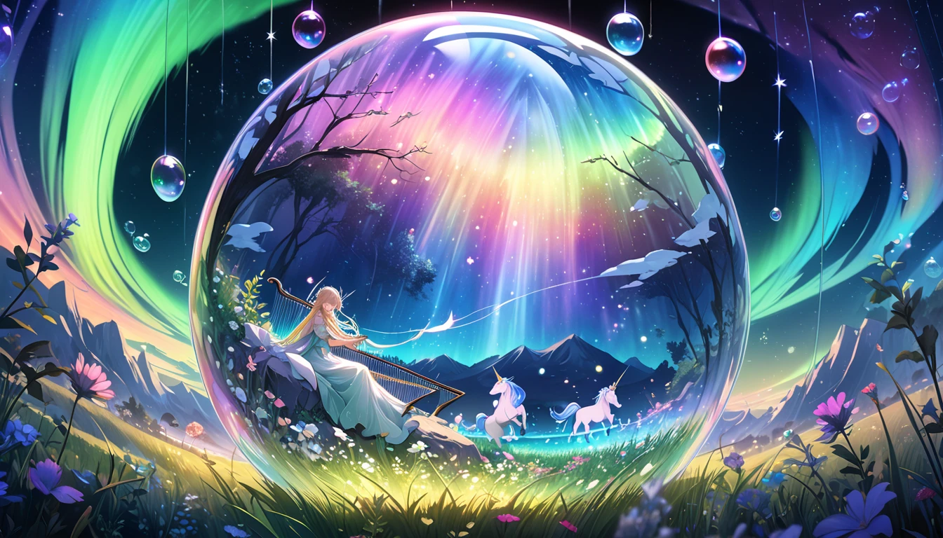 In a zero-gravity space countless bubble float around with fairies flying and drawing lines of light around them, The scene is set inside a spherical diorama capturing the ethereal and cool atmosphere, The digital art style emphasizes sharp vibrant details with a dark background to highlight the bright lights of the bubble and the trails left by the fairies, The composition creates a sense of depth and wonder making the viewer feel as if they are peering into a magical world, A watercolor painting of an elven bard performing a ballad to mystical creatures within a magical bubble on an otherworldly grassland, Underneath an aurora-filled sky the elven bard strums a harp as a unicorn begins to drift into slumber, and tiny fairies dance to the melody, The scene is beautifully enclosed within a transparent bubble reflecting the lights of the aurora and the serene grassland, Gothic art, 16k, award winning, UHD, masterpiece