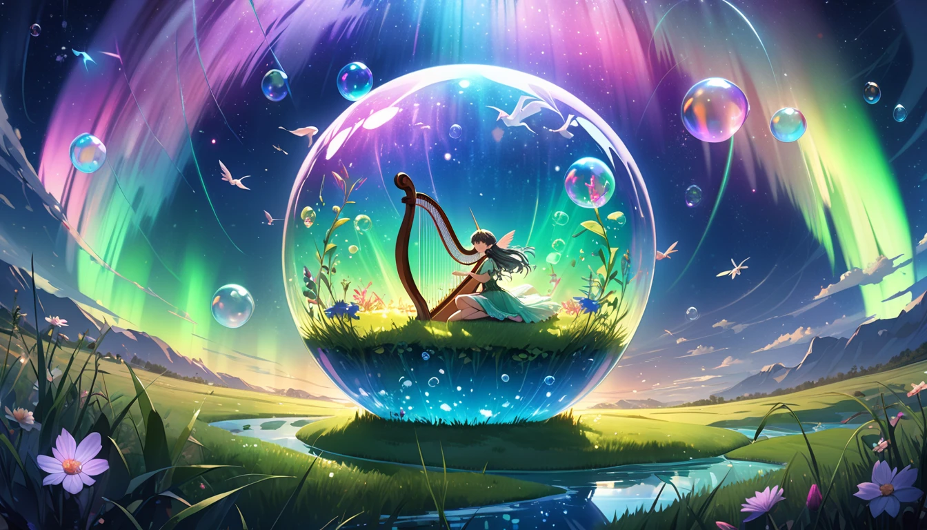 In a zero-gravity space countless bubble float around with fairies flying and drawing lines of light around them, The scene is set inside a spherical diorama capturing the ethereal and cool atmosphere, The digital art style emphasizes sharp vibrant details with a dark background to highlight the bright lights of the bubble and the trails left by the fairies, The composition creates a sense of depth and wonder making the viewer feel as if they are peering into a magical world, A watercolor painting of an elven bard performing a ballad to mystical creatures within a magical bubble on an otherworldly grassland, Underneath an aurora-filled sky the elven bard strums a harp as a unicorn begins to drift into slumber, and tiny fairies dance to the melody, The scene is beautifully enclosed within a transparent bubble reflecting the lights of the aurora and the serene grassland, Gothic art, 16k, award winning, UHD, masterpiece