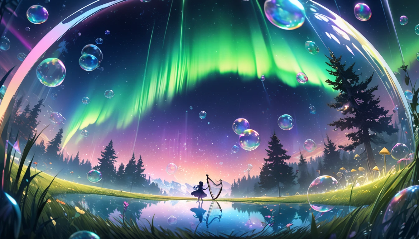 In a zero-gravity space countless bubble float around with fairies flying and drawing lines of light around them, The scene is set inside a spherical diorama capturing the ethereal and cool atmosphere, The digital art style emphasizes sharp vibrant details with a dark background to highlight the bright lights of the bubble and the trails left by the fairies, The composition creates a sense of depth and wonder making the viewer feel as if they are peering into a magical world, A watercolor painting of an elven bard performing a ballad to mystical creatures within a magical bubble on an otherworldly grassland, Underneath an aurora-filled sky the elven bard strums a harp as a unicorn begins to drift into slumber, and tiny fairies dance to the melody, The scene is beautifully enclosed within a transparent bubble reflecting the lights of the aurora and the serene grassland, Gothic art, 16k, award winning, UHD, masterpiece