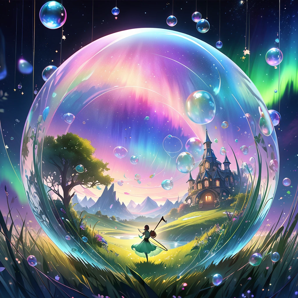 In a zero-gravity space countless bubble float around with fairies flying and drawing lines of light around them, The scene is set inside a spherical diorama capturing the ethereal and cool atmosphere, The digital art style emphasizes sharp vibrant details with a dark background to highlight the bright lights of the bubble and the trails left by the fairies, The composition creates a sense of depth and wonder making the viewer feel as if they are peering into a magical world, A watercolor painting of an elven bard performing a ballad to mystical creatures within a magical bubble on an otherworldly grassland, Underneath an aurora-filled sky the elven bard strums a harp as a unicorn begins to drift into slumber, and tiny fairies dance to the melody, The scene is beautifully enclosed within a transparent bubble reflecting the lights of the aurora and the serene grassland, Gothic art, 16k, award winning, UHD, masterpiece