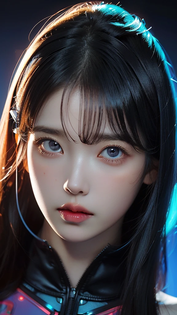 (masterpiece, highest quality, highest quality, Official Art, beautifully, aesthetic:1.2), Portrait Photography, (Cyberpunk beautiful girl 1 person), Big iridescent eyes, Beautiful skin, (Pink and blue long hair with bangs), Very detailed, (Neon colored fractal art:1.3), Perfect lighting, Sharp focus, High resolution, High resolution, High color rendering, High resolution, Super realistic,