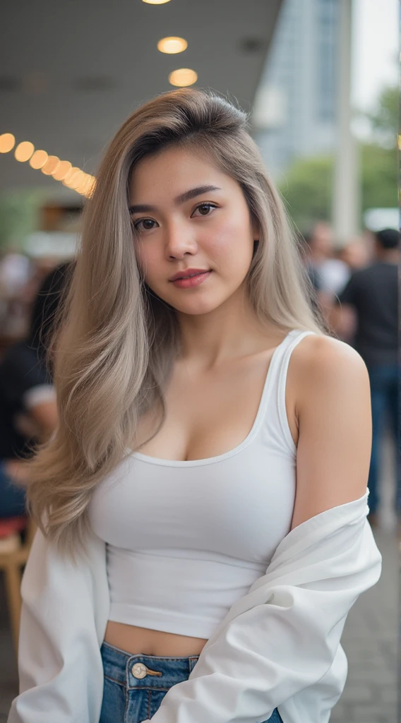 8k, masterpiece, best quality, ultra-detailed, (ultra realistic:1.3), (clean photo:1.2), (ultra high resuliton:1.3), (soft lighting:1.2), (perfect image coloring), (bright lighting:1.2), indonesian face, beautiful face, perfect indonesian woman, 27 years old, chest forward, smooth skin, thin smile, background ranfomly, lots of people, wearing randomly casual outfit, full body view photos, wavy hair with bangs, ash brown hair color, high nose, thin lips, thin moustache, thin eyebrows, round eyes, (G-Cup size breast)