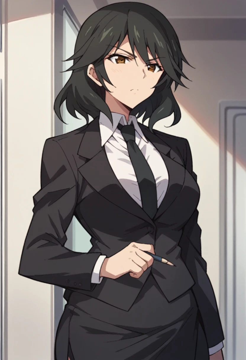 Orimura&#39;Pet, Long Hair, bangs,  black hair,  hair between eyes,  Brown Eyes ,
 skirt,  shirt,  Long Sleeve ,  jacket, white  shirt, tie, black  skirt, black  jacket, formal, suit, black tie, pencil  skirt,  skirt suit,Big Breasts　I'm giving a lecture at the pulpit