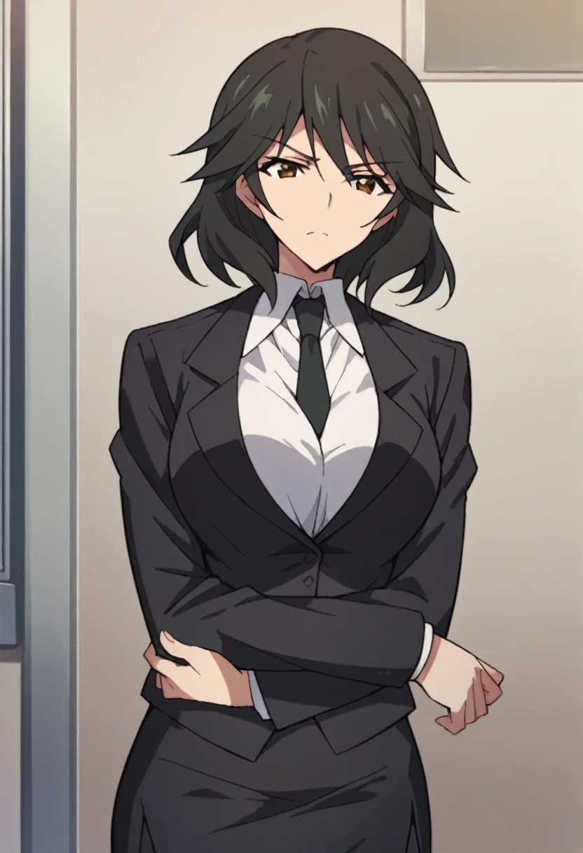 Orimura&#39;Pet, Long Hair, bangs,  black hair,  hair between eyes,  Brown Eyes ,
 skirt,  shirt,  Long Sleeve ,  jacket, white  shirt, tie, black  skirt, black  jacket, formal, suit, black tie, pencil  skirt,  skirt suit,Big Breasts　I'm giving a lecture at the pulpit