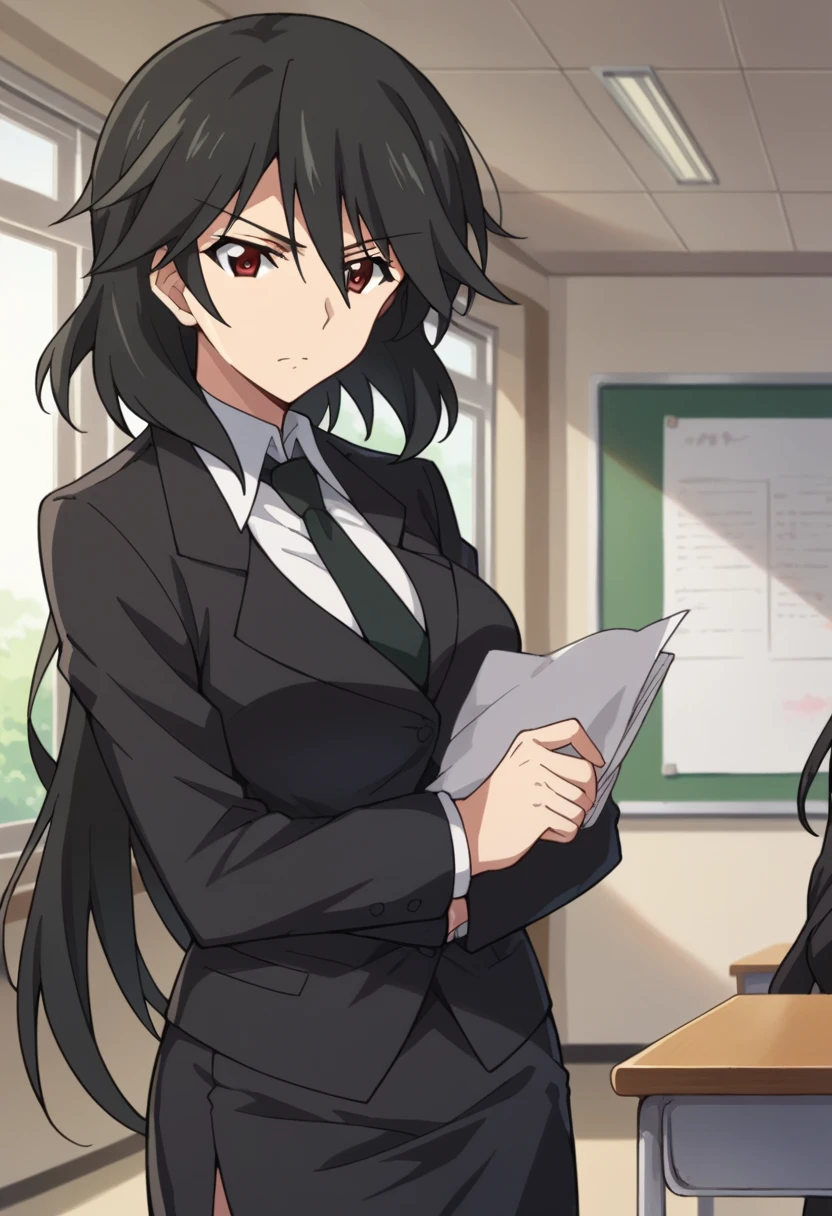 Orimura&#39;Pet, Long Hair, bangs,  black hair,  hair between eyes,  Brown Eyes ,
 skirt,  shirt,  Long Sleeve ,  jacket, white  shirt, tie, black  skirt, black  jacket, formal, suit, black tie, pencil  skirt,  skirt suit,Big Breasts　I'm giving a lecture at the pulpit　In the classroom