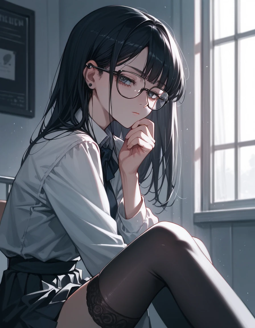 Anime girl with glasses sitting on the floor in a room, realistic anime art style, seductive anime girl, beautiful anime high school girl, anime girl squatting, realistic anime art style, anime moe art style, realistic young anime girl, beautiful anime girl, digital anime illustration, portrait anime girl, beautiful anime portrait, young anime girl, attractive anime girl,There is a woman sitting cross-legged on the floor.., with glasses, with glasses on, japanese model, He was wearing glasses., surreal , Genuine young gravure idol, Geeky look, wearing glasses, young sensual gravure idol, surreal , Yoshitomo Nara, Ilya Kubshinov with long hair, Realistic anime 3D style, realistic anime art style, realistic anime art style, Digital art Ilya Kuvshinov, beautiful anime portrait, 現実的なyoung anime girl, Ilya Kubshinov style, anime realism style, portrait anime girl,shiny silver,Mole under left eye,Cute freckles on the cheeks,((beautiful skin)),((skin texture)),((Real Touch)),Impressive black stockings,nipple,lingerie,Ahegao