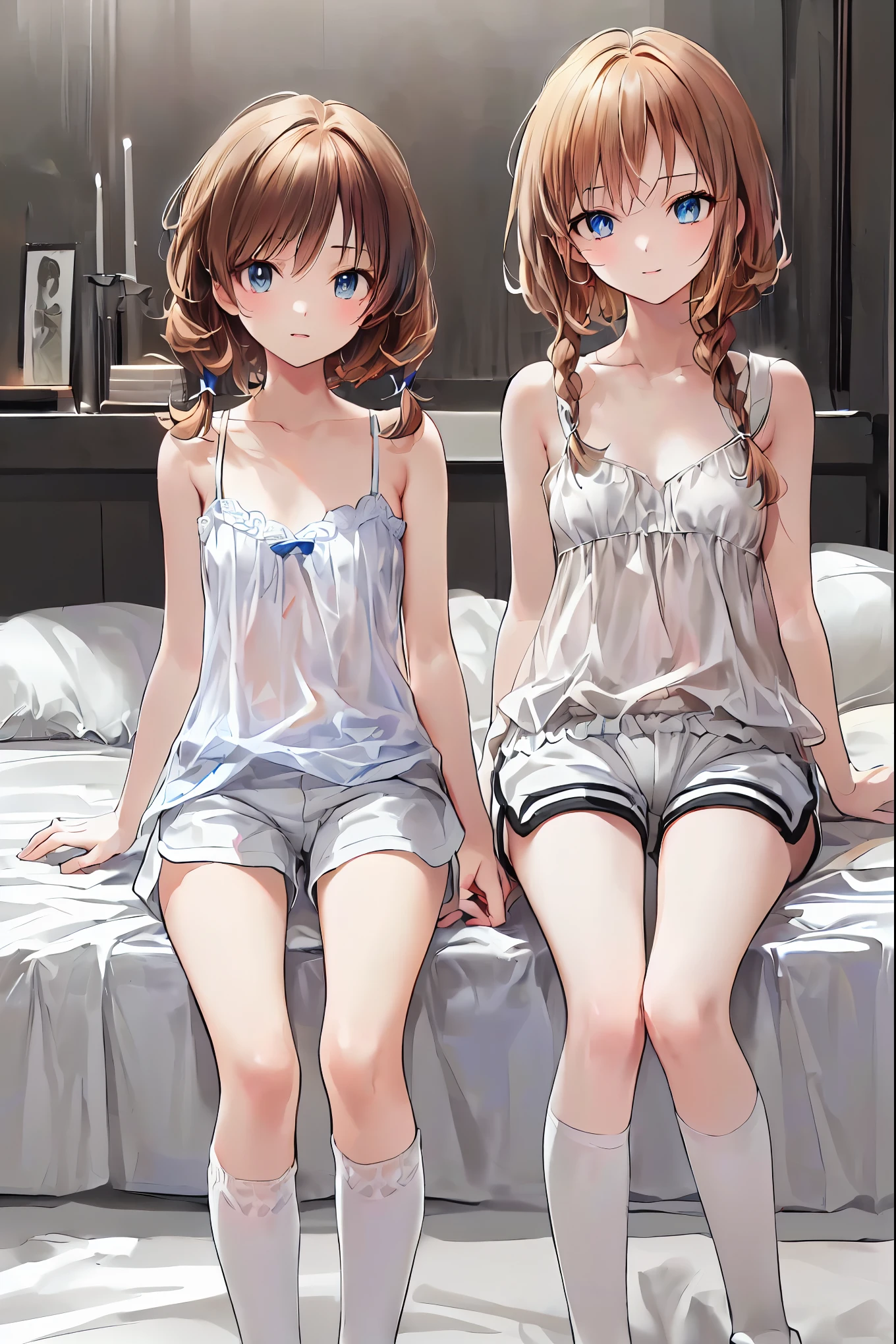  absurd,(masterpiece、 best quality、8k ), intricate details, Very detailed、1 cute girl、((movie:1.4)), embarrassed 、( flat chested、bulge:2.2( brown hair、(  white camisole , white shorts、 White Knee High Socks :1.3), on the bed、 super realistic,perfect anatomy，Brown Hair， short cut ， unkempt hair，Short braided hair，Neat， slender beautiful，Correct posture，Small chest， beautiful legs， their enchanting gray-blue eyes are shining like stars，Droopy eyes， bright color, beautiful eyes,A delicate smile,Textured Skin, best quality best , gentle and beautiful woman , anime style､