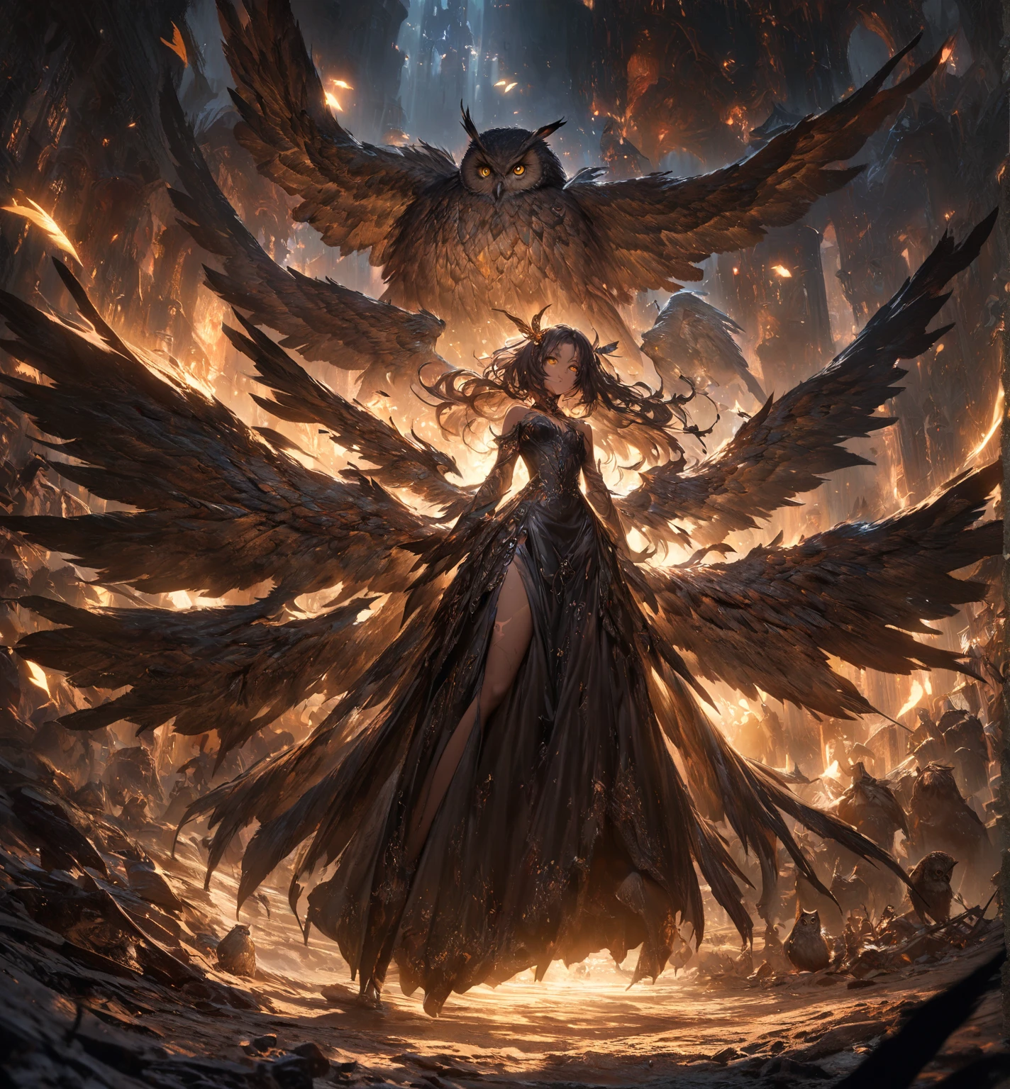  Facing Camera ，Standing on the ground， Perfect Full Body Character Watch，Birdie character，A female demon ，Slim ，Medium build， Smooth brown skin , Light tattoo on skin ， dark ， wears a black down dress ，Owl's head ， with delicate long yellow eyes， ears covered with upward owl wings， Hair Decorated on both sides Feather hair ornament ， Giant owl wings ，Wearing a black gothic black down duvet dress covered in brown feathers ，[ Vibrant appearance , Creative Behavior , Imaginative, Sensibility, spontaneous, skin texture， [[ Ultra wide angle lens ，Remote Panorama ，masterpiece,  Alina ,  Highly Detailed , Super Fine， Height Detail ，Light Tracking ， movie light effect ,  illustration,  8K Resolution Concept Art ， Dark fantasy art ， Dark Fantasy Character Design ， Concept Art Wallpaper ， Epic Dramatic Atmosphere ,  Height Detail, fantasy realism,   Professional Digital Art ,