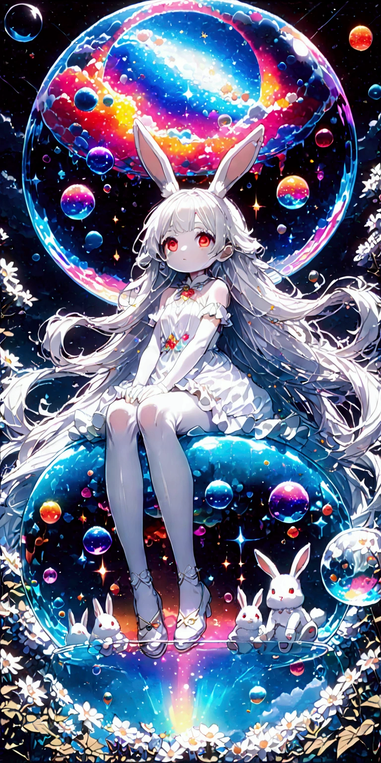 solo,1girl\((chibi:1.3),cute,kawaii,(white hair:1.7),(very long hair:1.7),bangs,(ear\(fluffy white bunny-ear\):1.4),(red eye),big eye,beautiful shiny eye,(white skin:1.4),big hairbow,(white frilled dress:1.3),breast, (sit on (bubble:1.3)\(huge,gigantic,beautiful,shining in vivid cosmic color,(transparent:1.4),(float in sky:1.4)\):1.5) \). BREAK .background\(night sky,stars, calescent-moon\). BREAK .quality\(8k,wallpaper of extremely detailed CG unit, high resolution, top-quality, top-quality real texture skin, hyper realistic, increase the resolution, RAW photos, best quality, highly detailed, the wallpaper, golden ratio, high saturation realism, vibrant colors, dramatic lighting, persuasive storytelling, atmospheric scenery, captivating visuals, intricate details, strong emotions, dreamlike world\),(from below),(longshot:1.3),(dynamic angle:1.2),landscape