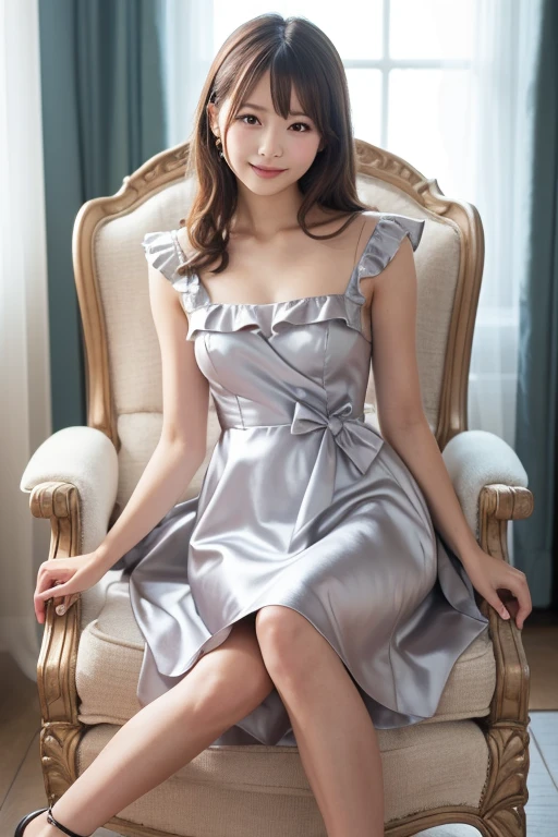  Japanese Model Woman Sitting on a Chair Wearing a Dress and Heels,  Elegant Dress , flashy silver dress, Nishikori dress ,  romantic dress, Rococo style ruffle dress ,  transparent gray dress , royal Nishikori dress ,  Feminine Girly Dress , wearing an  Elegant Dress , Baroque Dress ,  soft silk dress , Rococo Dress,  fantasy dress,  royal elegant pose , Wearing a silver dress 、 looking at the camera、Detailed and beautiful eyes、 cute smile、Soft and gentle relaxed expression 